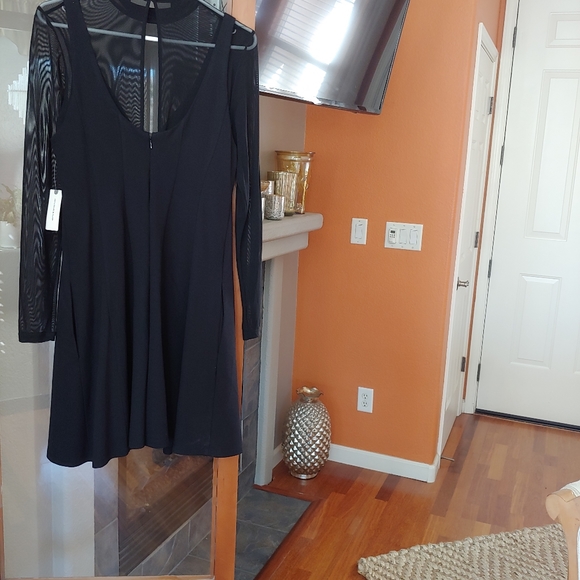 NWT Anthropologie Layered Sheer Mini Dress M Black Long Sleeve Fit & Flare - Picture 11 of 12